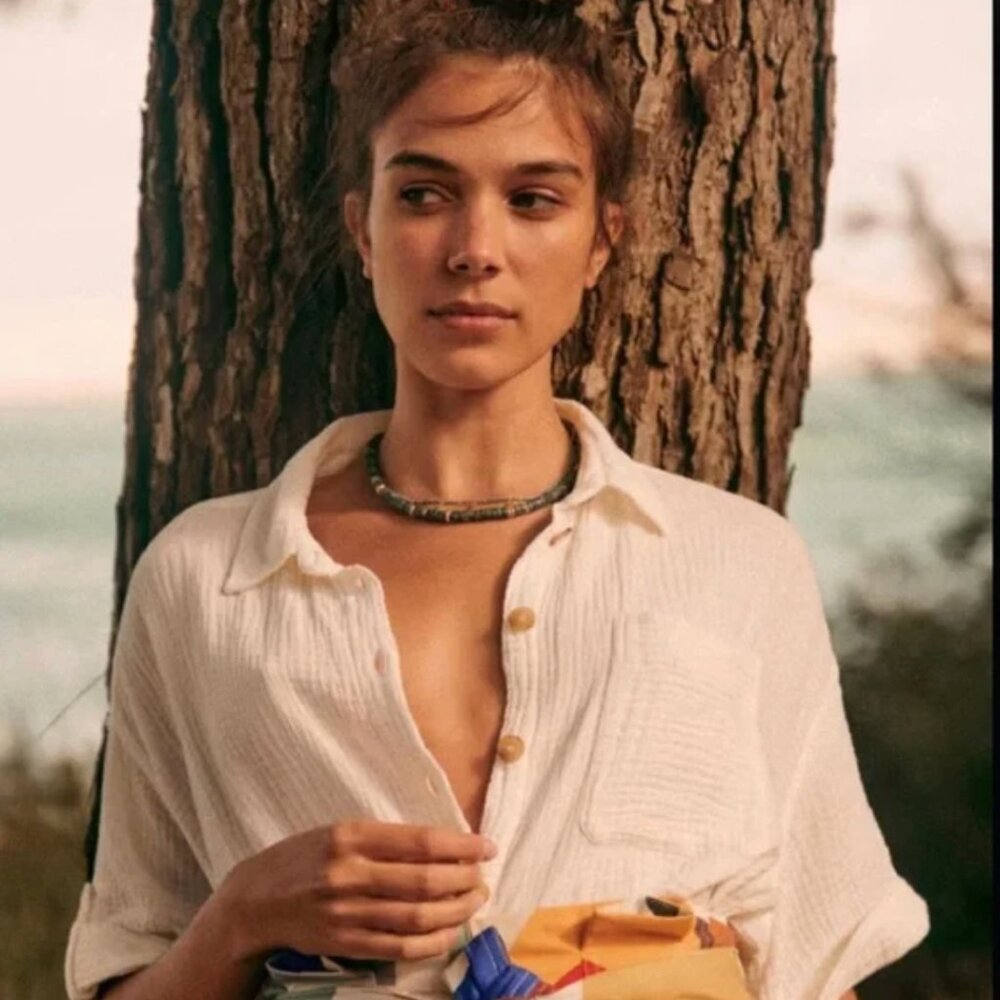 Sezane Cream Button-Down Gauze Blouse